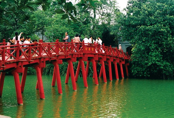 The Huc Bridge across Hoan Kiem Lake