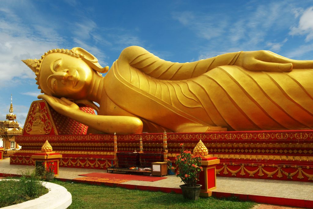 The present That Luang is a national symbol of the Lao peoples and the 44-meter stupa is coated in some 500kg of gold leaf. Visit SoutheastAsia.