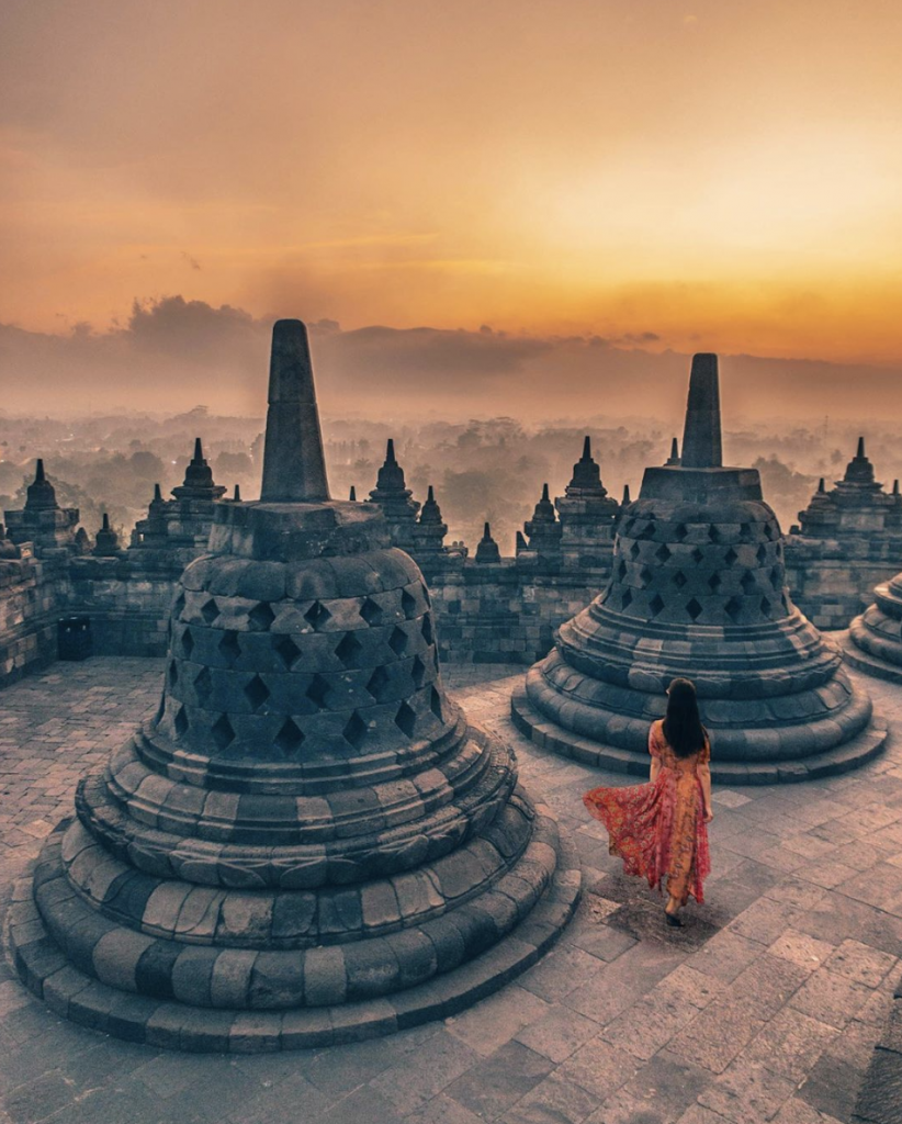 The Borobudur Temple's structure itself is made of three tiers with the top level featuring a monumental stupa.